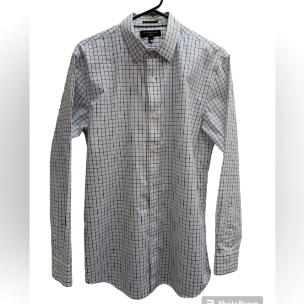 Banana Republic Shirt Long sleeve Men Size M Plaid Baby blue/Navy Blue/White